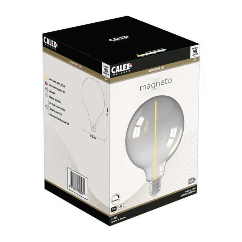 Ampoule LED E27 - CALEX - MAGNETO G125 - Filament droit - 3,4 W - 90 lm - 1800 K - Titanium