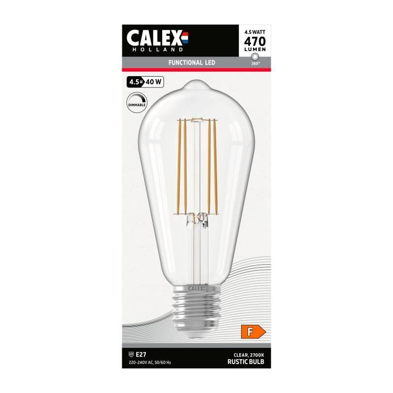 Ampoule LED E27 - CALEX - RUSTIC ST64 - Filament droit - 4,5 W - 470 lm - 2700 K - Intensité variable - Transparent