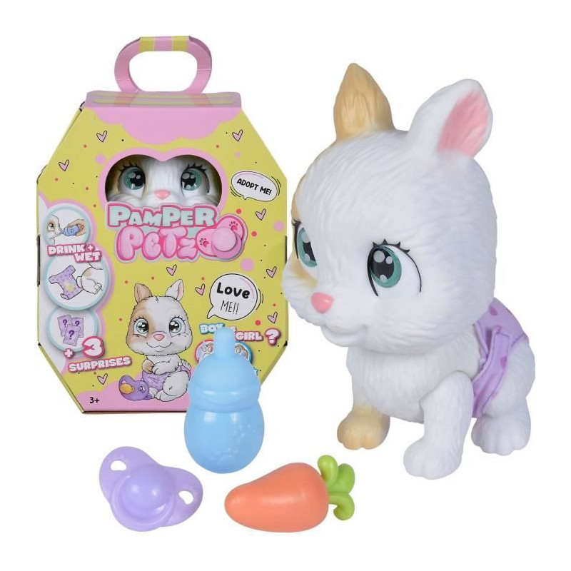 Smoby - Pamper Petz - Lapin a adopter - 4 accessoires - Articulé - Bois et fais pipi - Certificat d'adoption - Des 3 ans