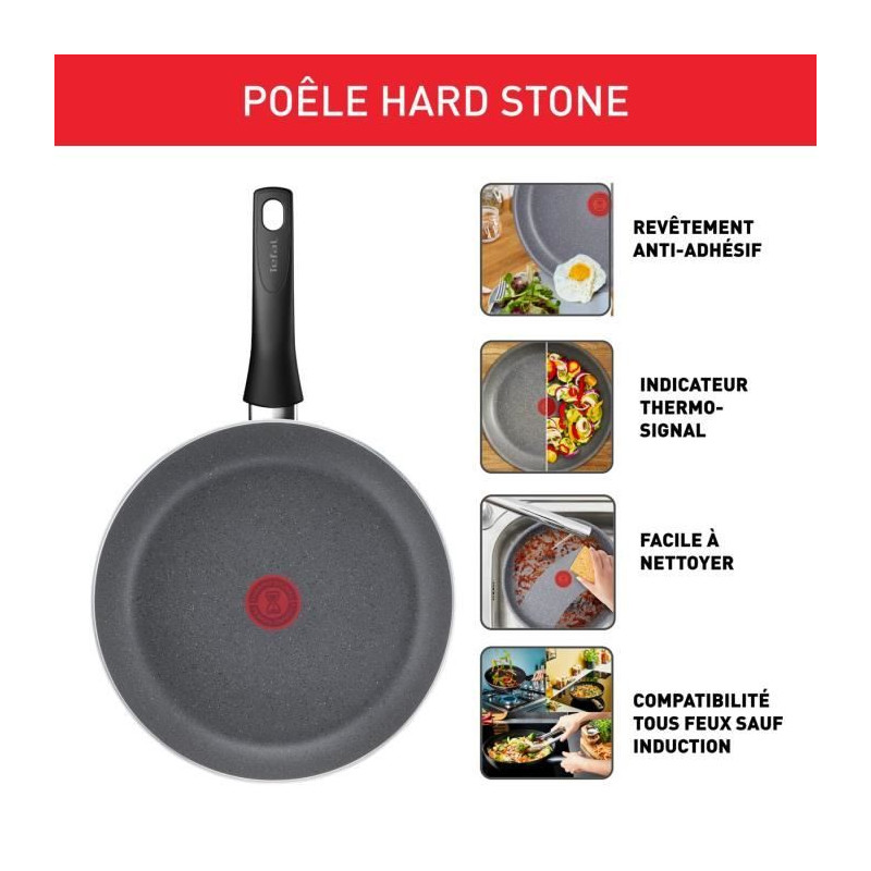 TEFAL Hard Stone Poele 24 cm, Non Induction, Revetement antiadhésif Mineralia +, Sans PFOA, Fabriqué en France D4560432