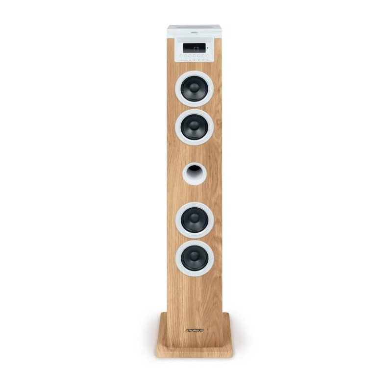 Tour haut-parleur - THOMSON - Blanc/Bois - Bluetooth/CD/USB/SD, 60W, Radio FM, Télécommande, Alim. 230V