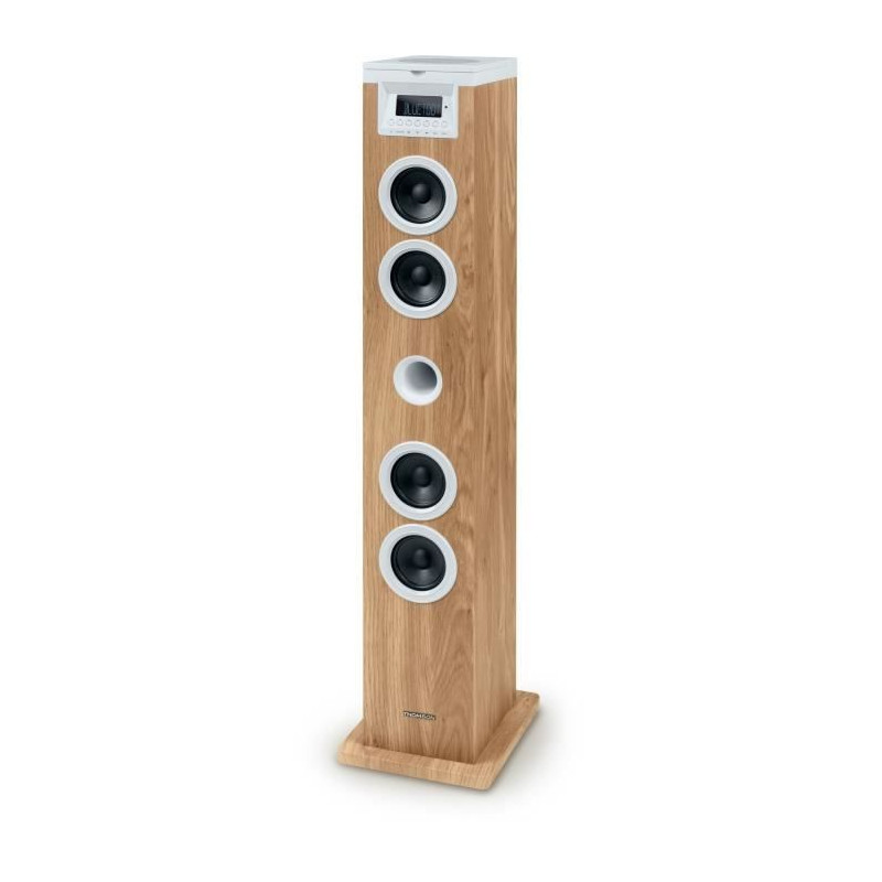 Tour haut-parleur - THOMSON - Blanc/Bois - Bluetooth/CD/USB/SD, 60W, Radio FM, Télécommande, Alim. 230V