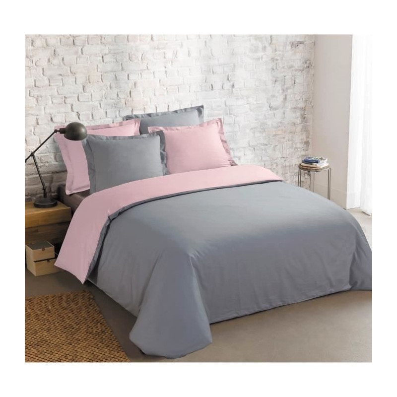 VISION - Bicolore - Housse de couette Réversible 240x220cm avec 2 taies 65x65cm - Gris/rose - 100% coton