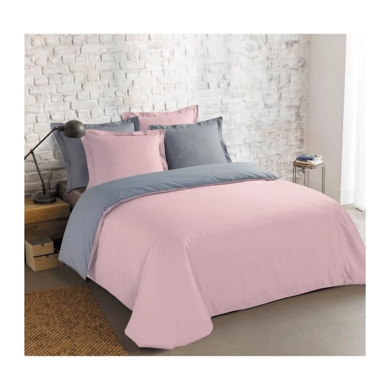 VISION - Bicolore - Housse de couette Réversible 240x220cm avec 2 taies 65x65cm - Gris/rose - 100% coton