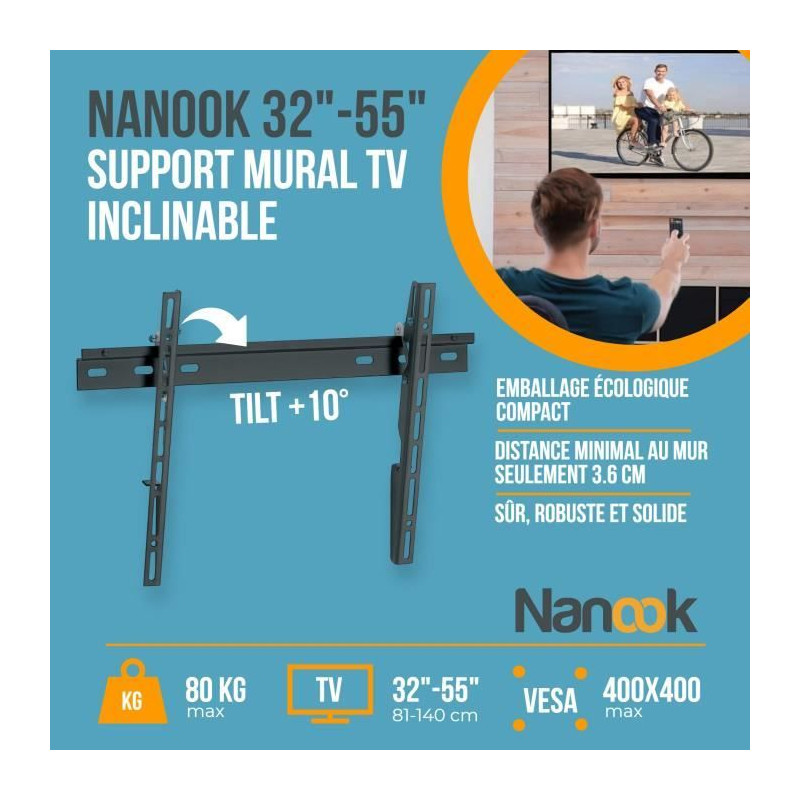 NANOOK Support Mural inclinable pour téléviseurs de 32-55 Pouces- Solution de Montage pour des télés LCD et (O)LED - Noir