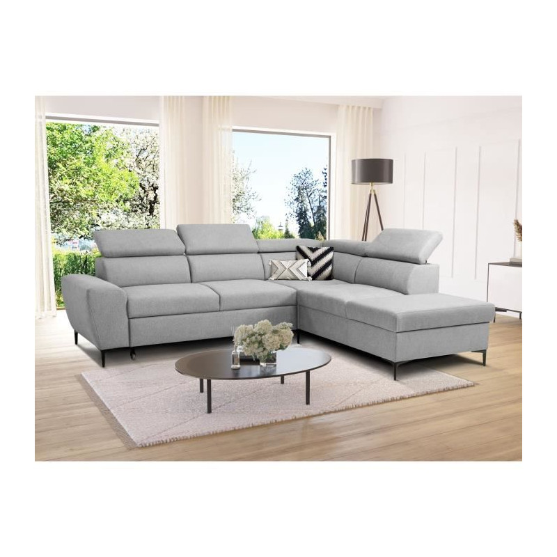 Canapé d'angle convertible réversible avec coffre - 5 places - KASIMIR - Tissu gris - 258 x 79/98 x 219 cm