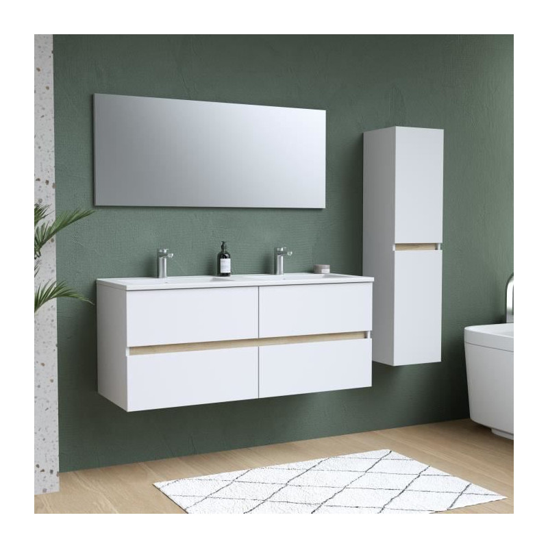 Ensemble Totem Blanc 120 avec vasque double, miroir & colonne