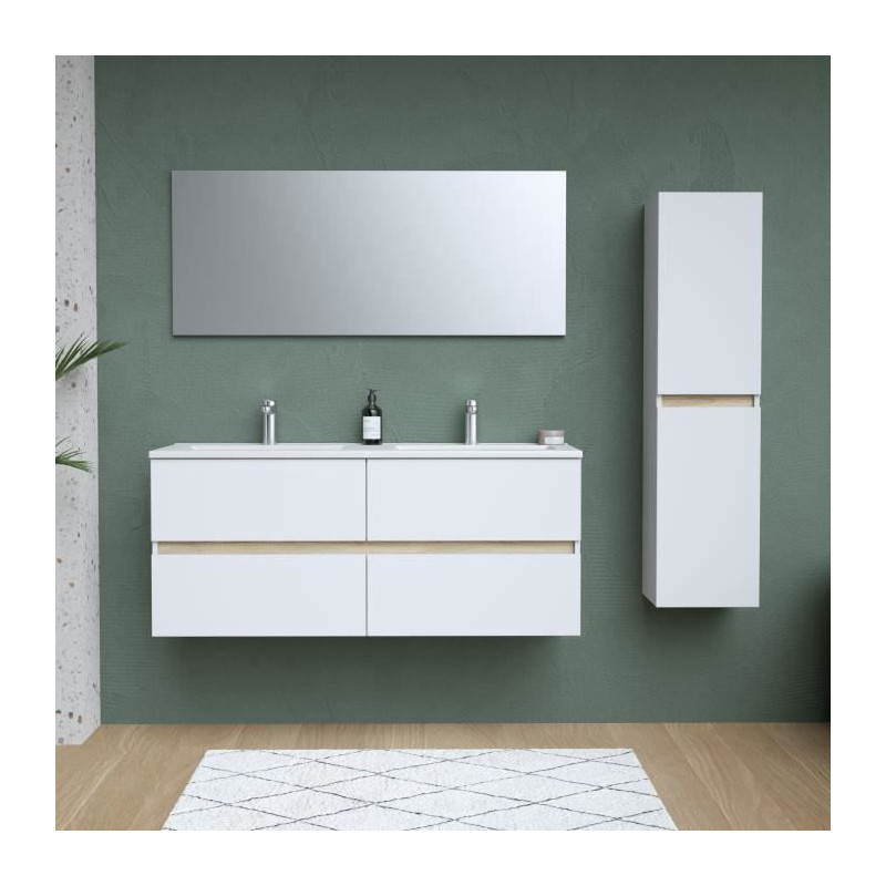 Ensemble Totem Blanc 120 avec vasque double, miroir & colonne