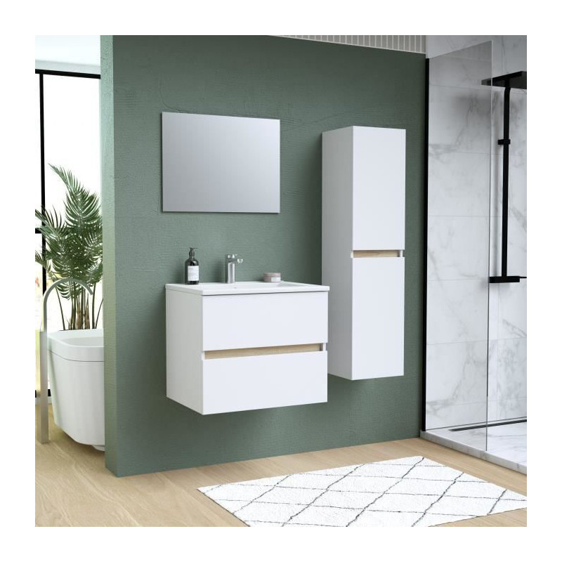 Ensemble Totem Blanc set de salle de bain 60, vanity+vasque+miroir & Colonne