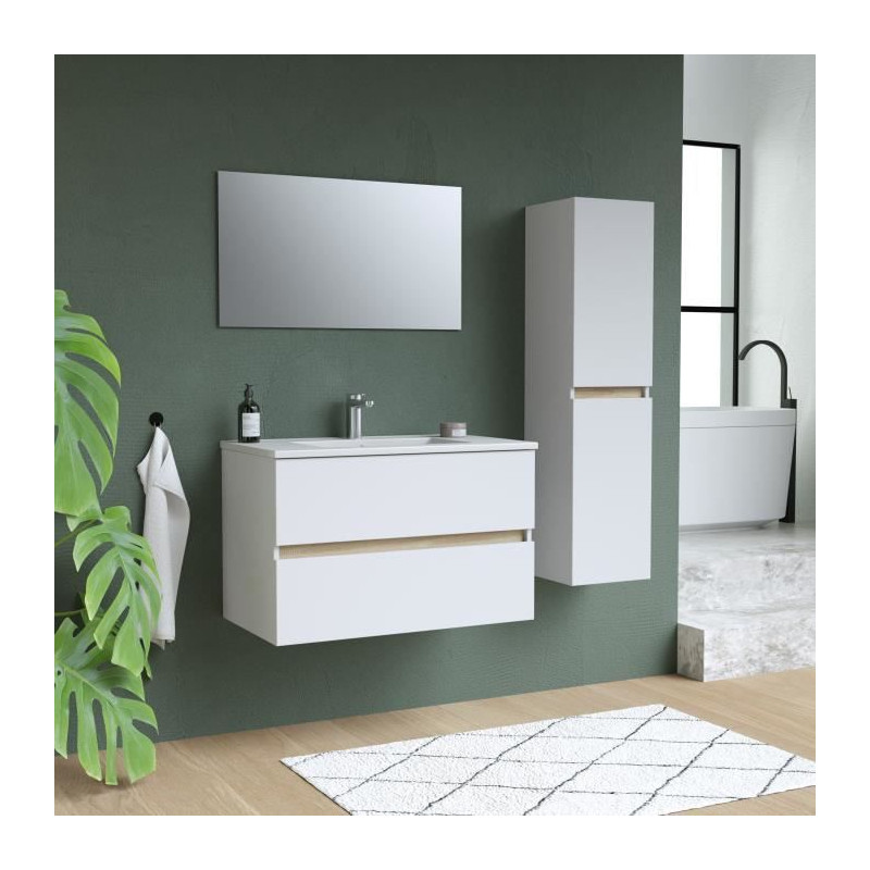 Ensemble Totem Blanc set de salle de bain 80, vanity+vasque+miroir & Colonne