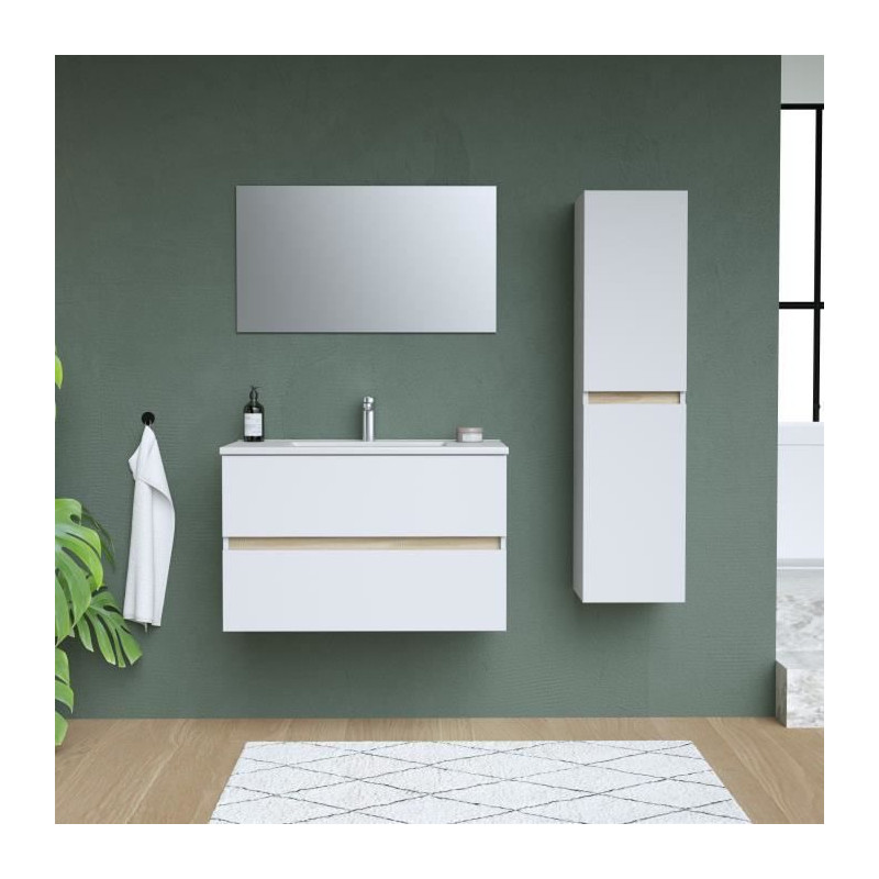 Ensemble Totem Blanc set de salle de bain 80, vanity+vasque+miroir & Colonne