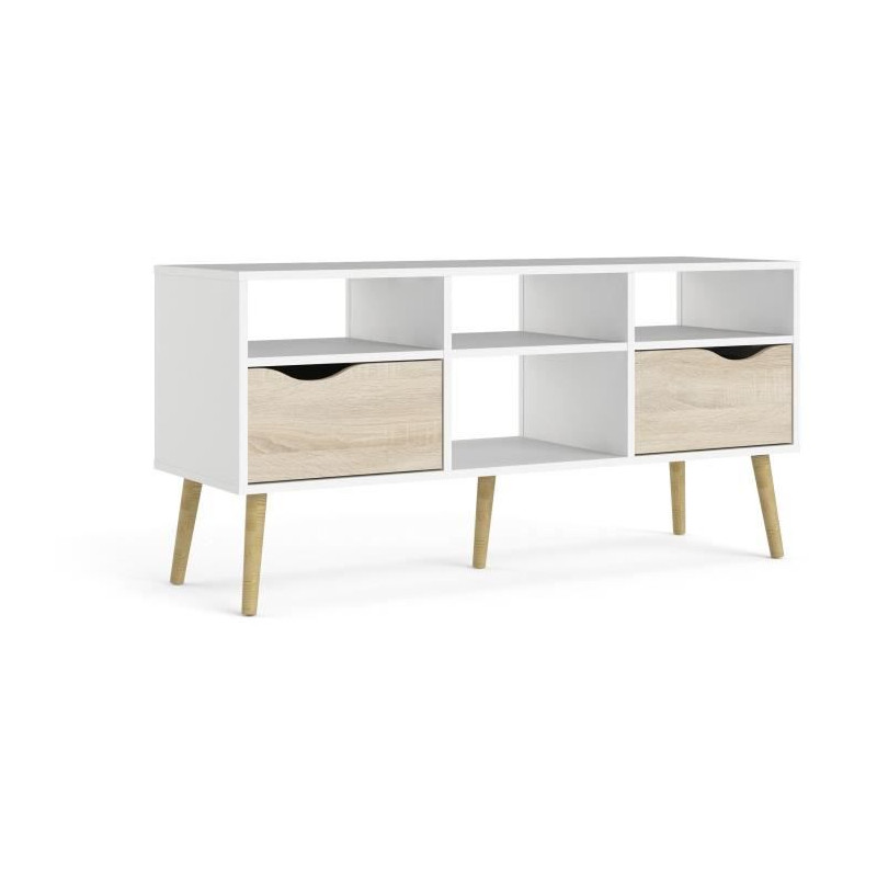 Meuble TV - 4 niches 2 tiroirs - Blanc / Chene - 117,2 x 39,1 x 57,4 cm - TVILUM