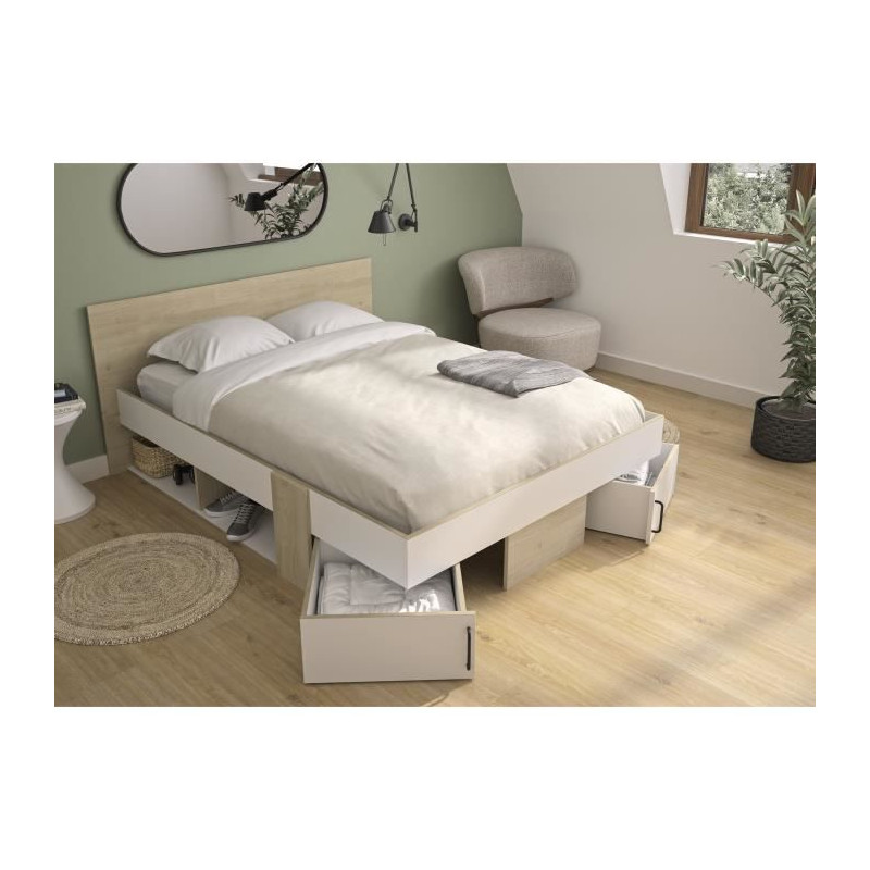 DIAGONE Lit adulte avec tiroirs de rangement - Chene et blanc - 140 x 190 - SWIVEL