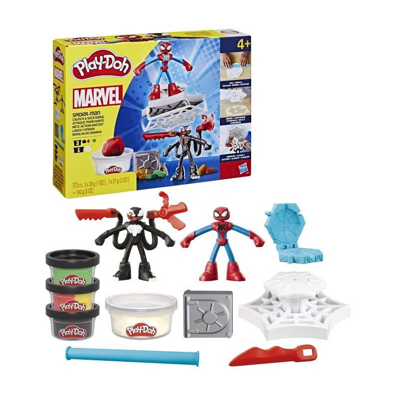 Play-Doh Spider-Man, coffret Attaque tranchante avec 2 figurines flexibles, 7 accessoires et pâte a modeler, des 4 ans, Marv