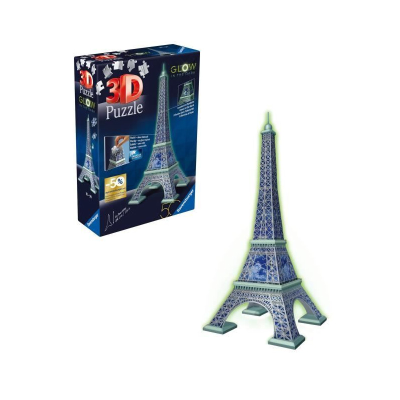 Ravensburger-Puzzle 3D Tour Eiffel phosphorescente 50 ans-Des 10 ans-216p numérotées a assembler sans colle-Accessoires inclus