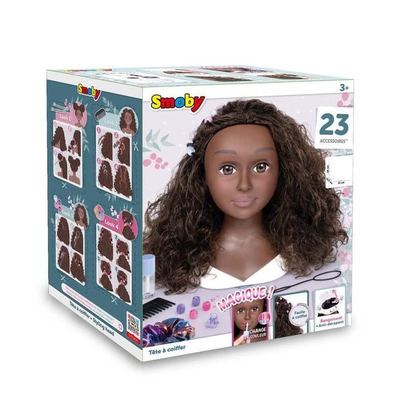 Smoby - Tete a coiffer cheveux afro - Facile a coiffer - 23 accessoires réalistes - Levres thermosensibles - Trappe de rangemen