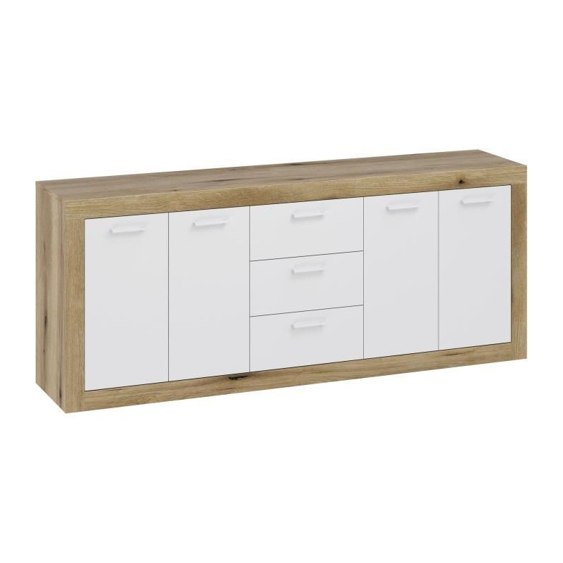 Buffet Mélamine chene rustique et blanc mat - 4 portes et 3 tiroirs STONE