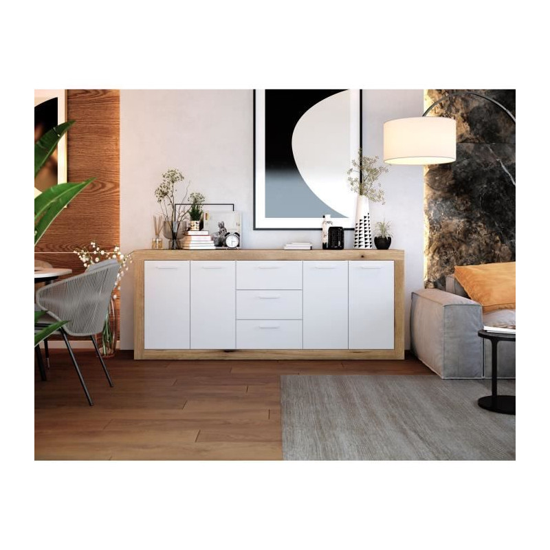 Buffet Mélamine chene rustique et blanc mat - 4 portes et 3 tiroirs STONE