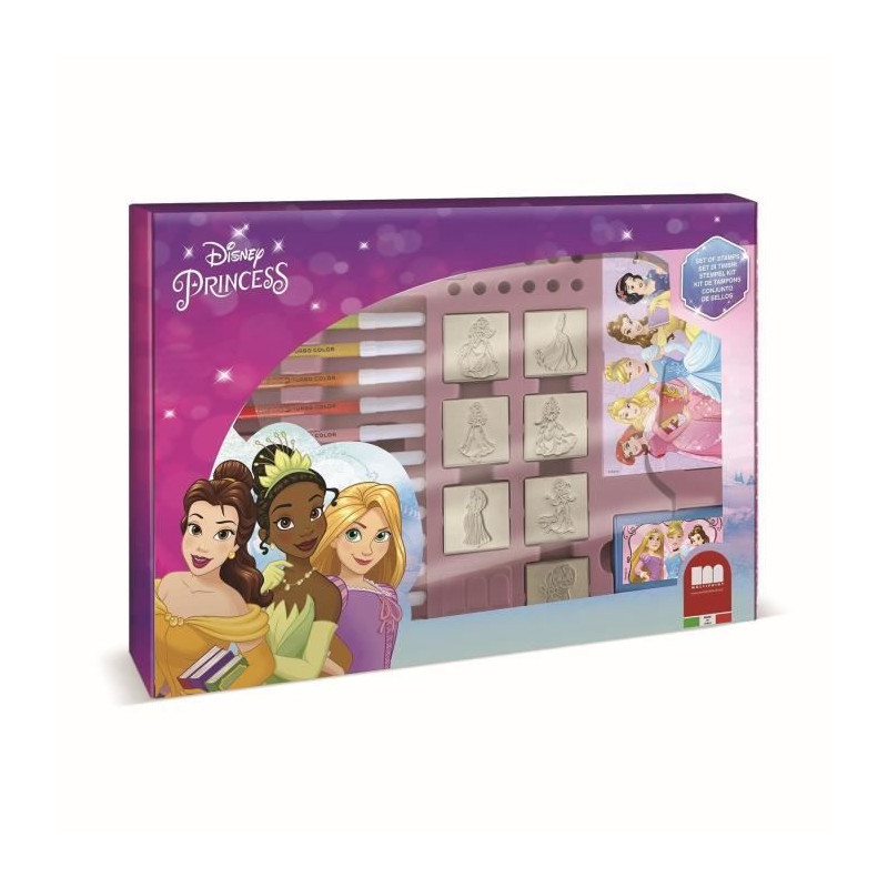 Coffret de tampons - MULTIPRINT - 4660 - Princesses Disney - 7 tampons bois et latex, 12 feutres Giotto, regle, album coloriage