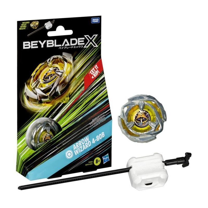 Beyblade X, Starter Pack Arrow Wizard 4-80B avec toupie de compétition a rotation droite de type endurance et lanceur, a partir