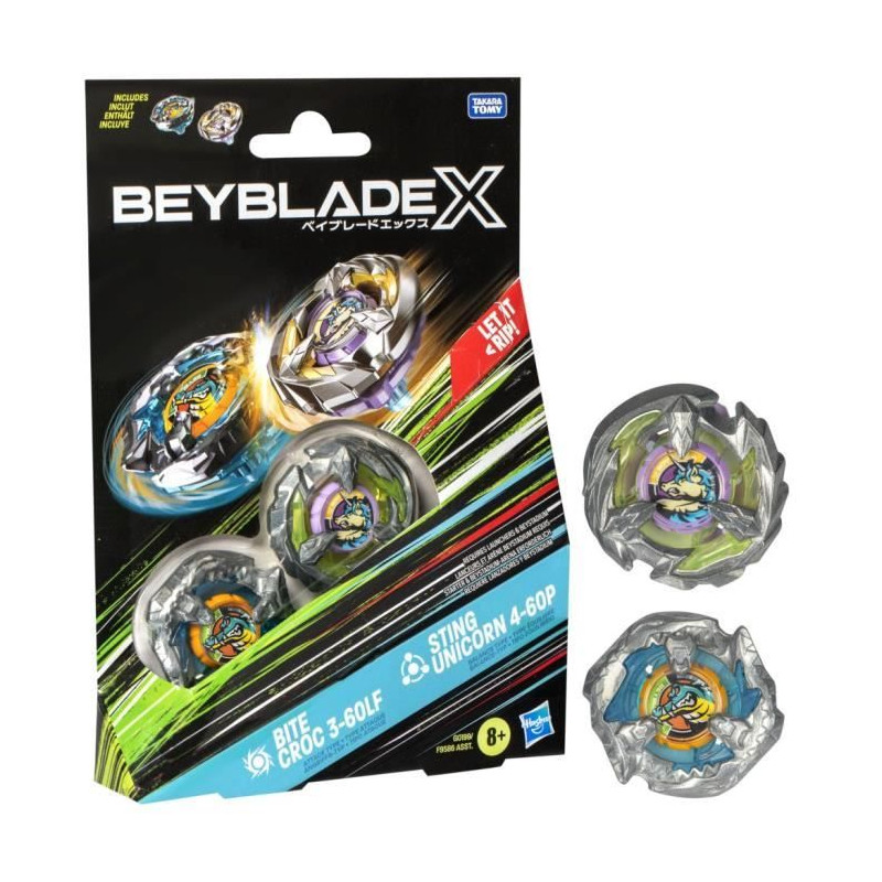 Beyblade X Dual Pack Bite Croc 3-60LF et Sting Unicorn 4-60P, 2 toupies de compétition a rotation droite, Des 8 ans