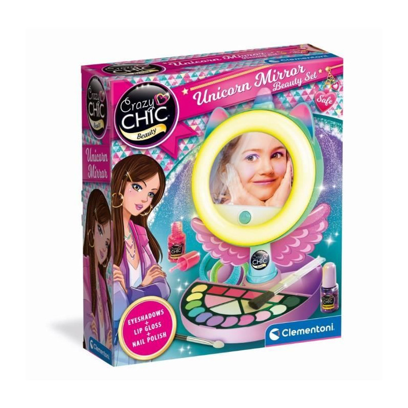 CLEMENTONI - Miroir de maquillage licorne - Anneau lumineux - Maquillage et accesoires cheveux et ongles - Des 7ans