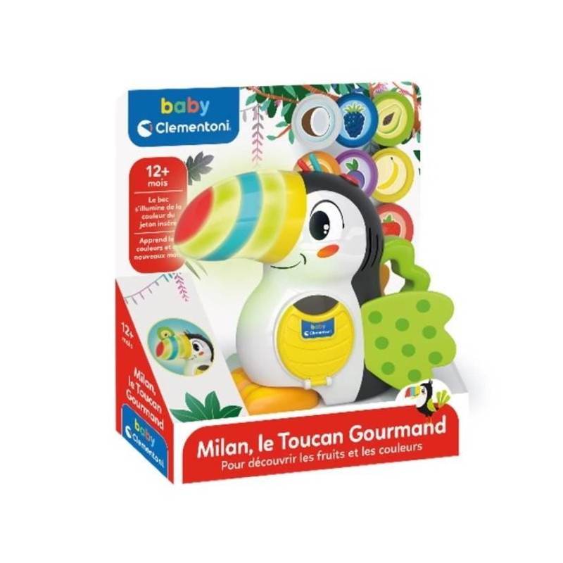 Baby Clementoni - Milan, le toucan gourmand - Jeu éducatif avec fonctions éléctroniques - Bec lumineux - Ailes en tissu