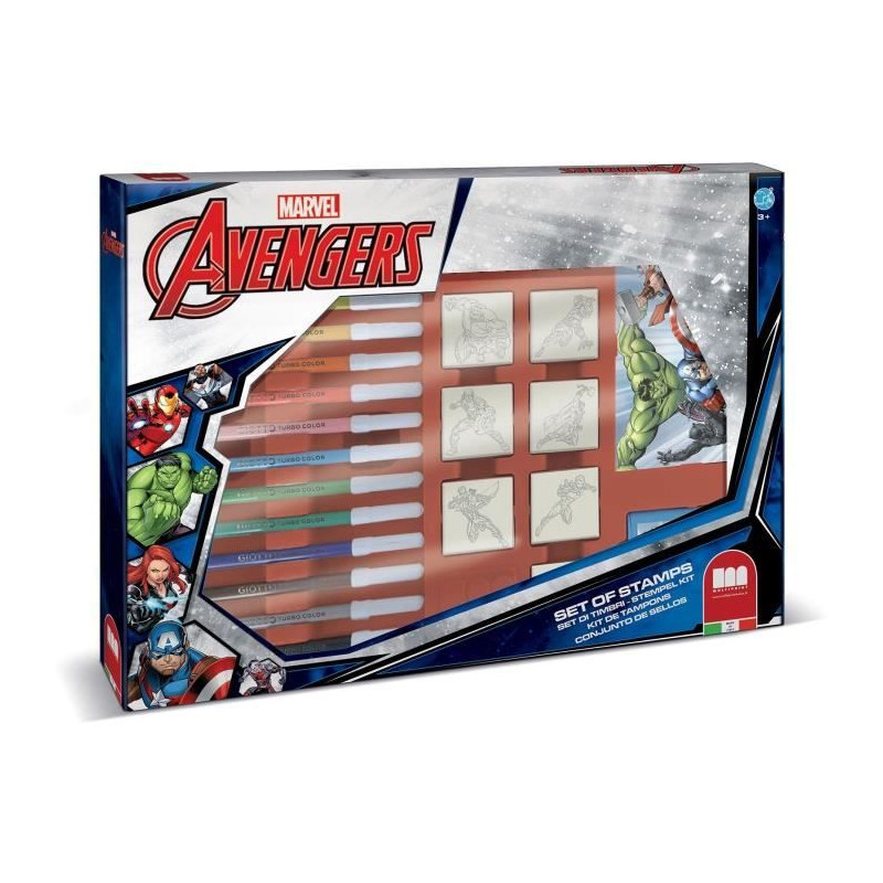 Coffret de tampons - MULTIPRINT - 4873 - Avengers - 7 tampons bois et latex, 12 feutres Giotto, regle, album coloriage