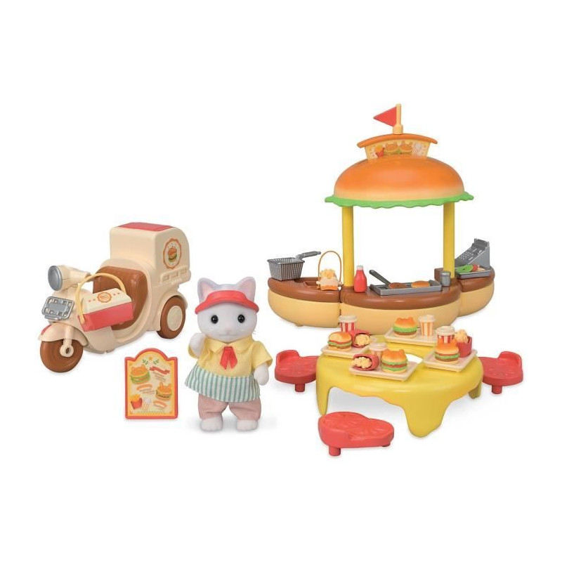 Jeu de Restauration - SYLVANIAN FAMILIES - Stand de Hamburgers - Papa Chat Latté et Scooter