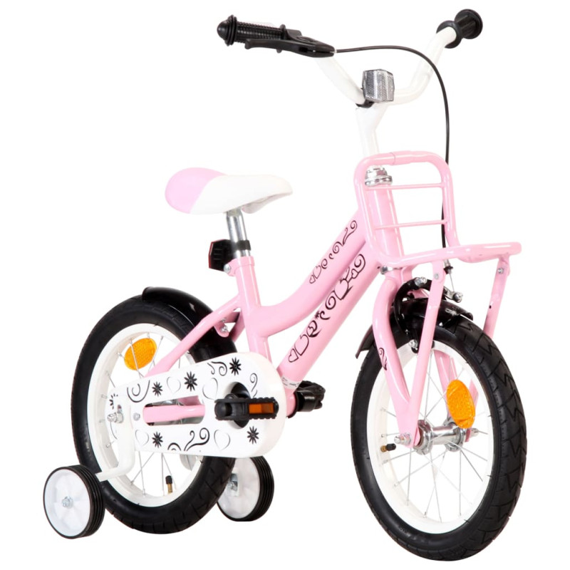 Vélo enfant avec porte bagages avant 14 pouces Blanc et rose 