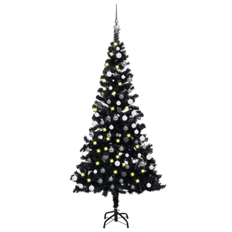 Arbre de Noël artificiel pré éclairé et boules noir 150 cm PVC