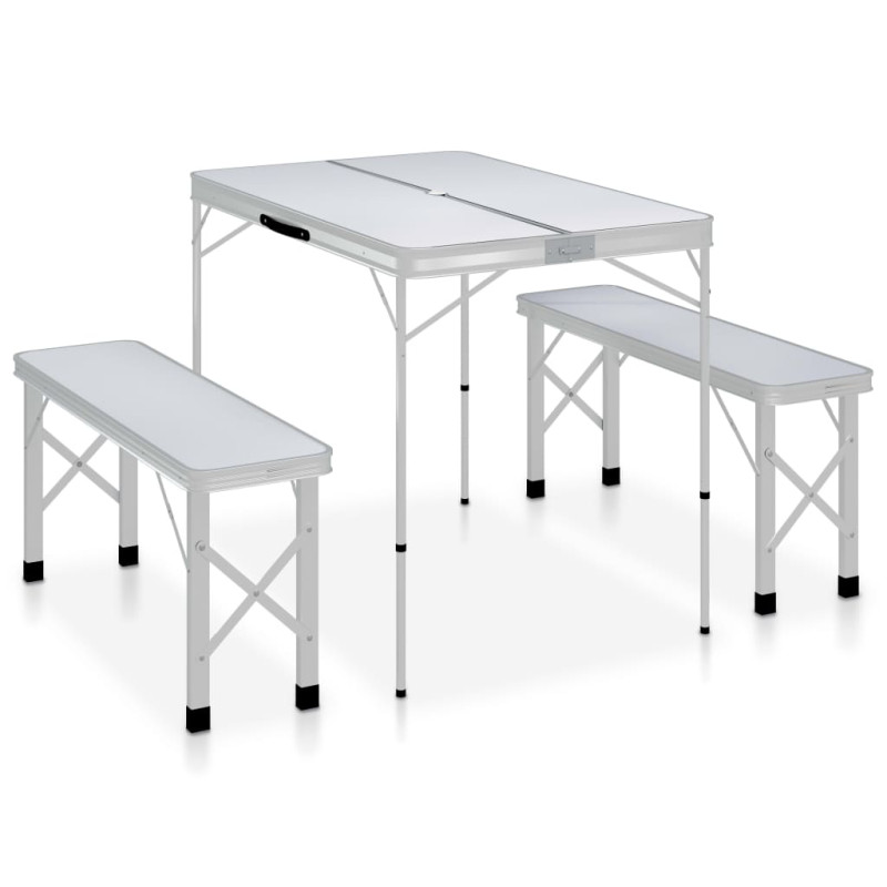 Table de camping pliable avec 2 bancs Aluminium Blanc