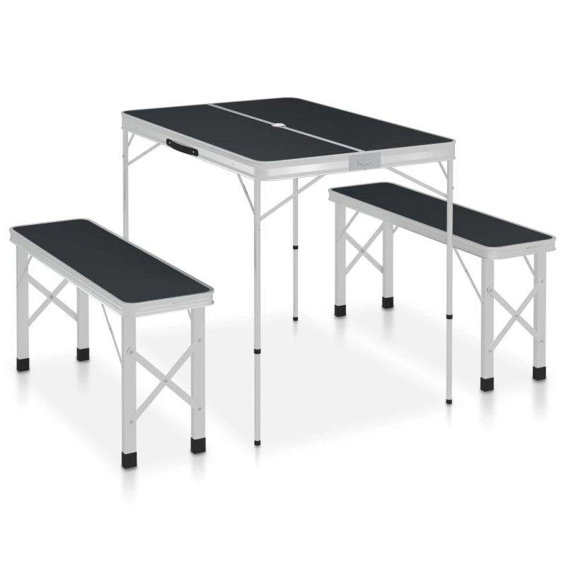 Table de camping pliable avec 2 bancs Aluminium Gris