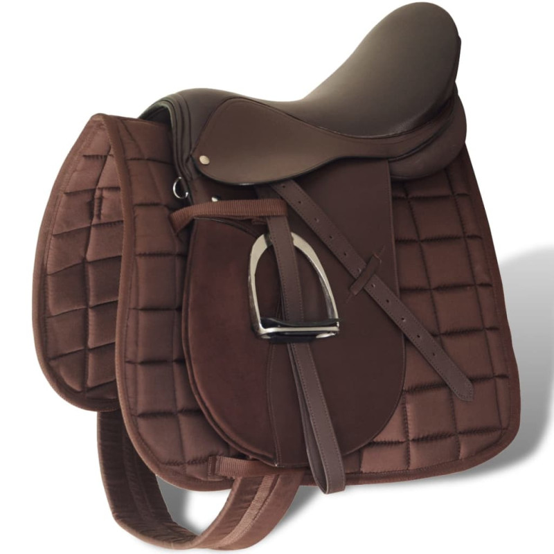 Set de selle équitation 16" en cuir véritable 14 cm 5 en 1 brun