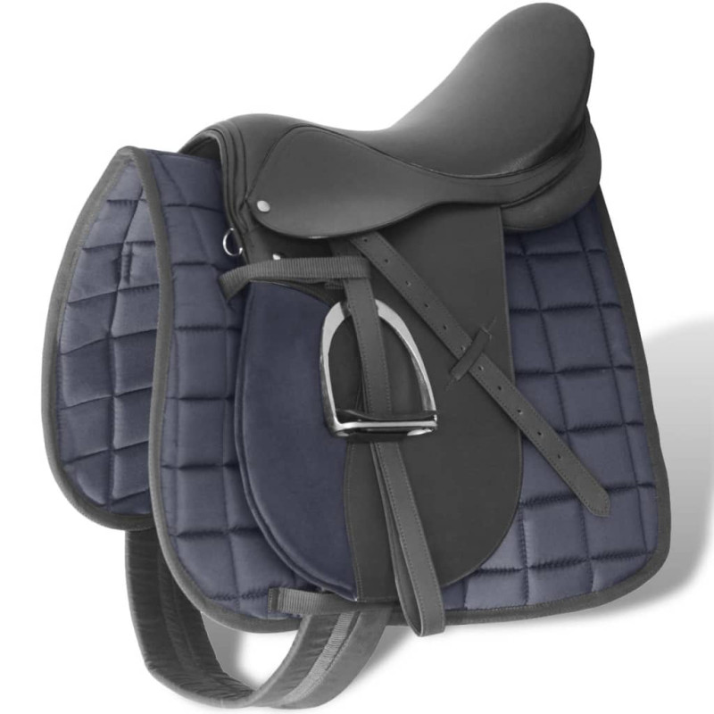 Set de selle équitation 17,5" en cuir véritable 12 cm 5 en 1 noir