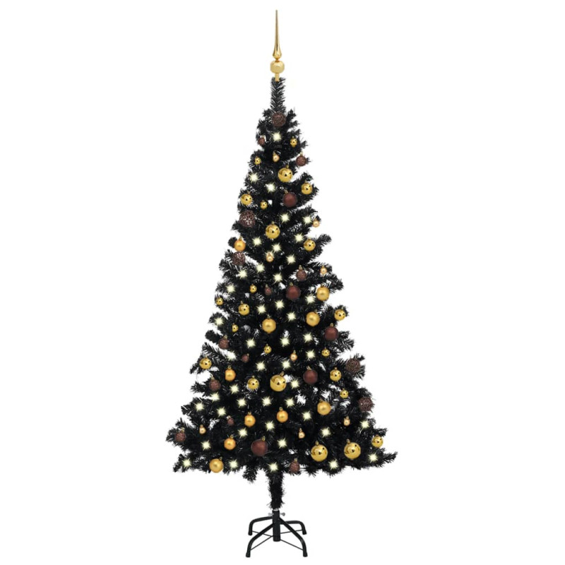 Arbre de Noël artificiel pré éclairé et boules noir 180 cm PVC