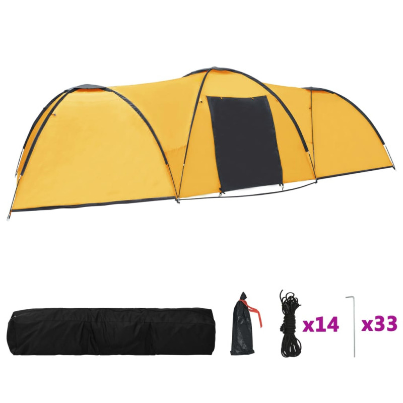 Tente igloo de camping 650x240x190 cm 8 personnes Jaune