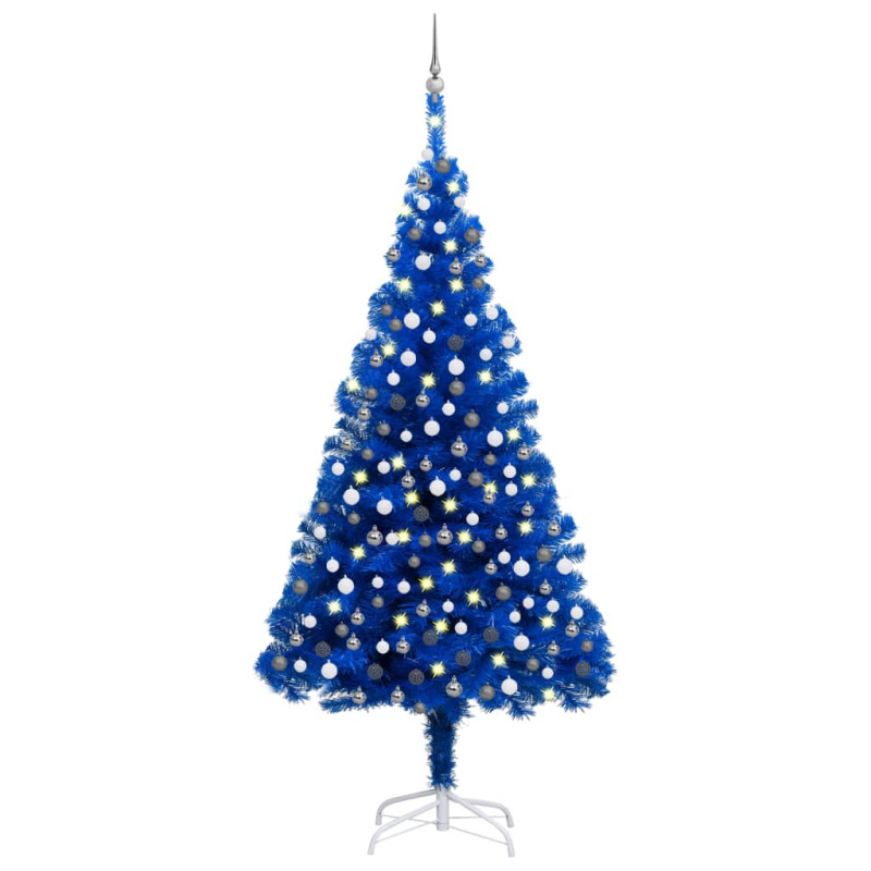 Arbre de Noël artificiel pré éclairé et boules bleu 210 cm PVC