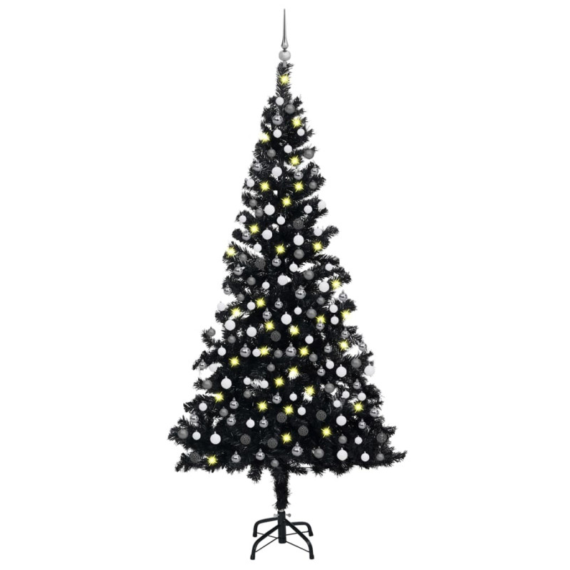 Arbre de Noël artificiel pré éclairé et boules noir 210 cm PVC