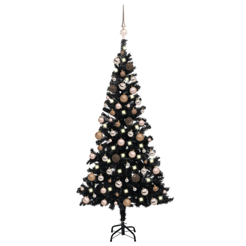 Arbre de Noël artificiel pré éclairé et boules noir 180 cm PVC