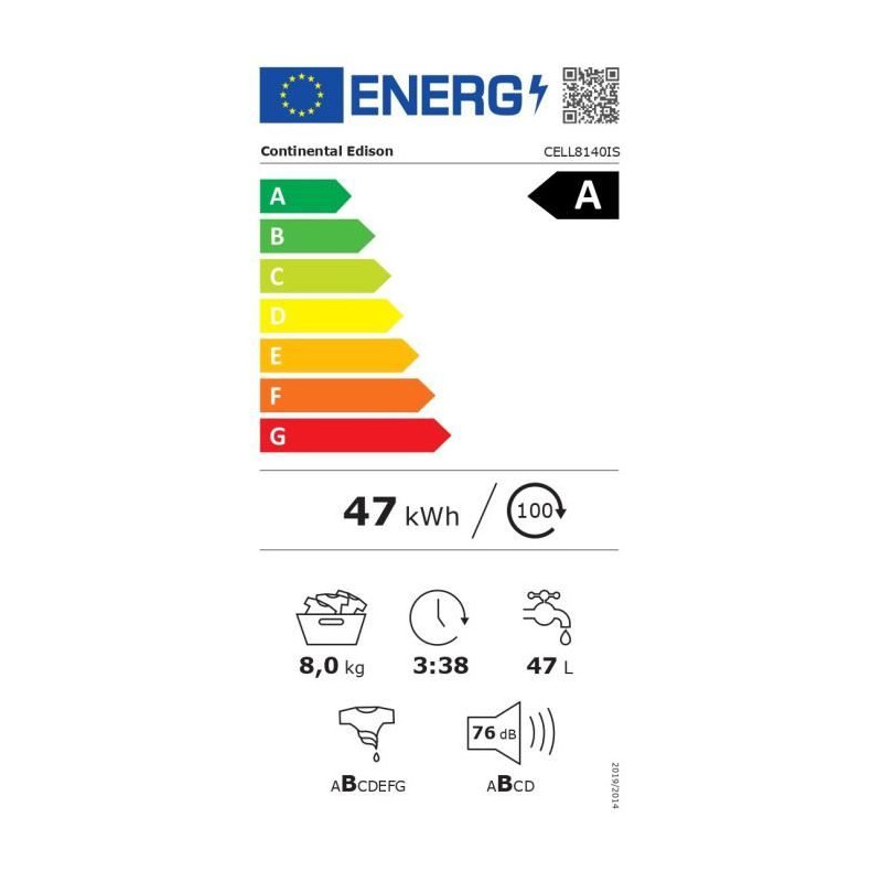Lave-linge hublot CONTINENTAL EDISON CELL8140IW - 8 kg - Moteur induction - Largeur 60 cm - 1400 trs/min -Silver