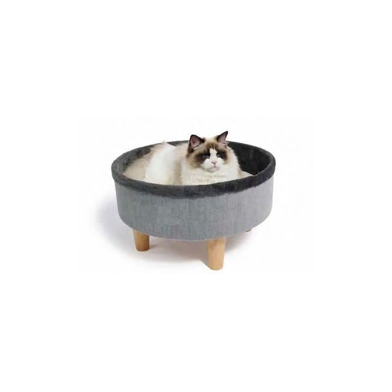 Lit rond surélevé - M PETS - ROUND - Gris - 47 x 47 x 26 cm - Pied en bois - Coussin doux