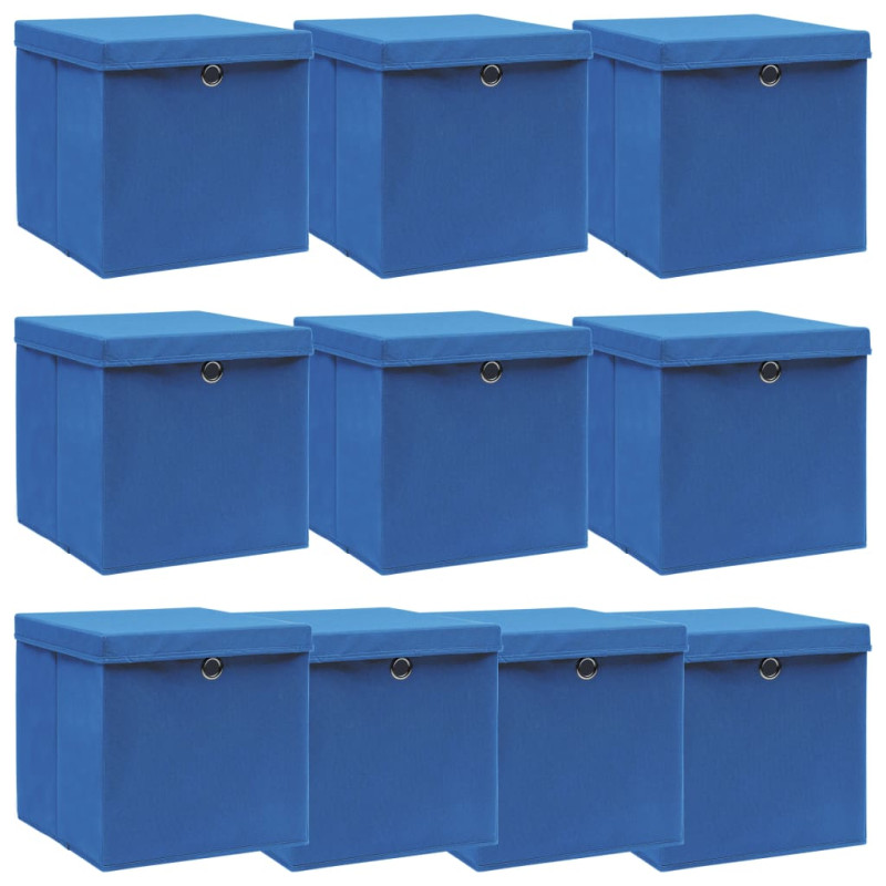 Boîtes de rangement avec couvercle 10 pcs Bleu 32x32x32cm Tissu