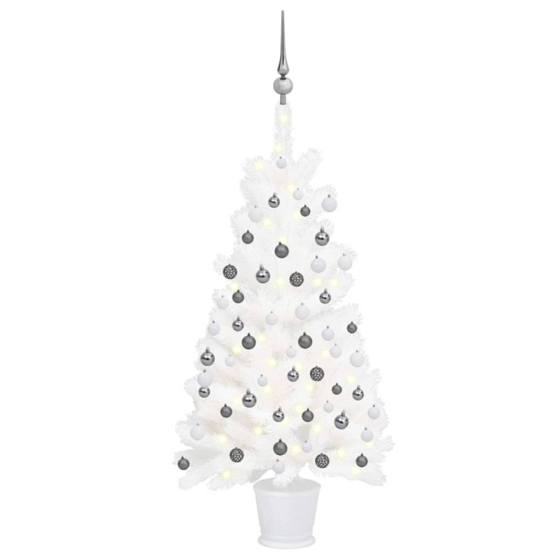 Arbre de Noël artificiel pré éclairé et boules blanc 90 cm