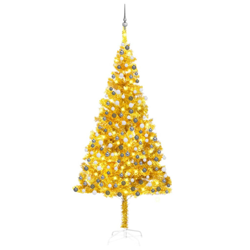 Arbre de Noël artificiel pré éclairé et boules doré 210 cm PET