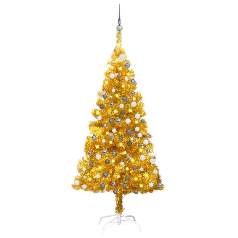 Arbre de Noël artificiel pré éclairé et boules doré 150 cm PET