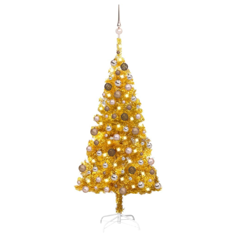 Arbre de Noël artificiel pré éclairé et boules doré 150 cm PET