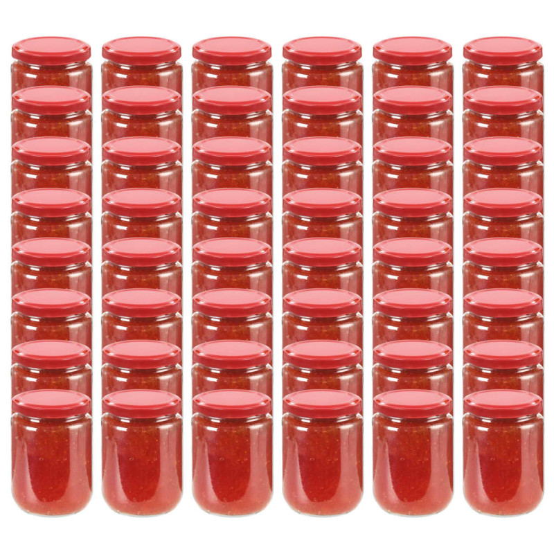 48 pcs Pots à confiture avec couvercle rouge Verre 230 ml