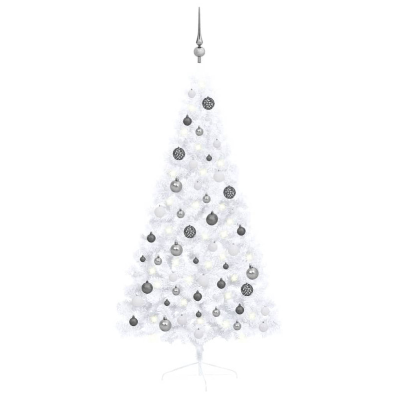 Demi arbre de Noël artificiel pré éclairé et boules blanc 150cm