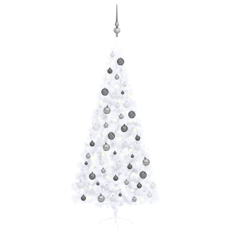 Demi arbre de Noël artificiel pré éclairé et boules blanc 210cm